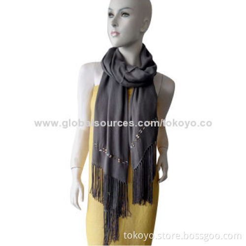 Woolen scarf with plain dyeing and jeweled, measures 180*70+8cm tassels, classic style